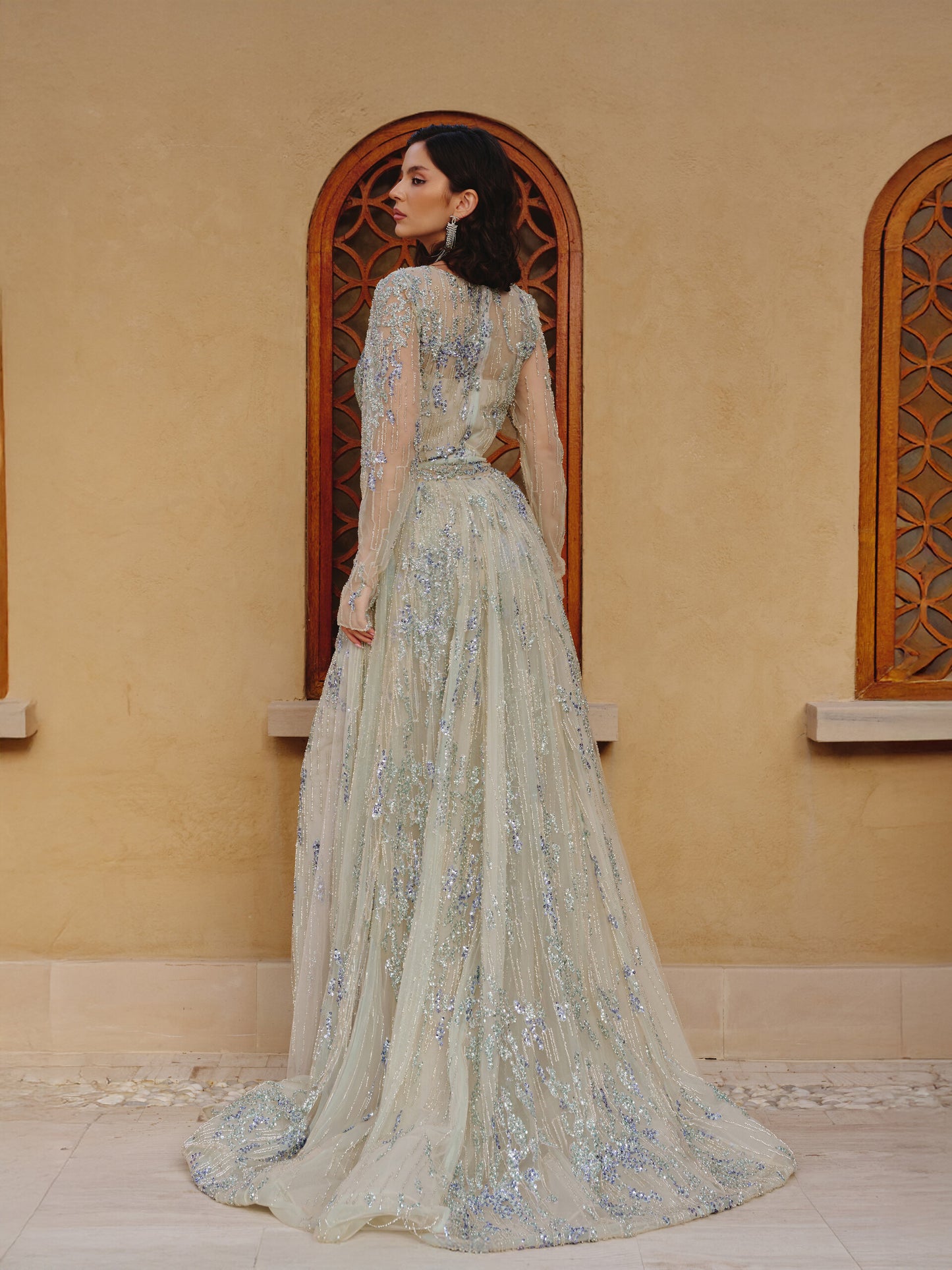 Blue Embroidered High-Slit Evening Gown