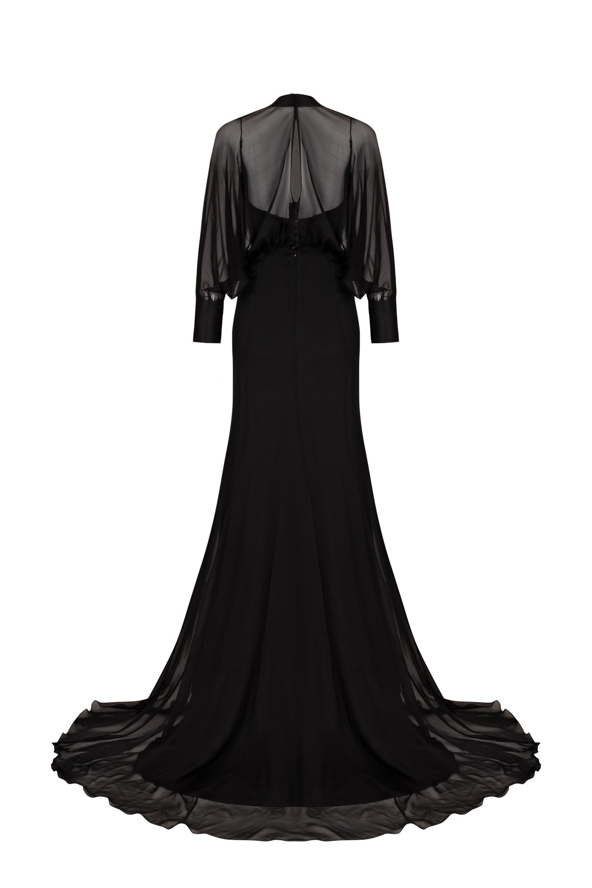 Noir Silk & Chiffon Bishop-Sleeve Gown