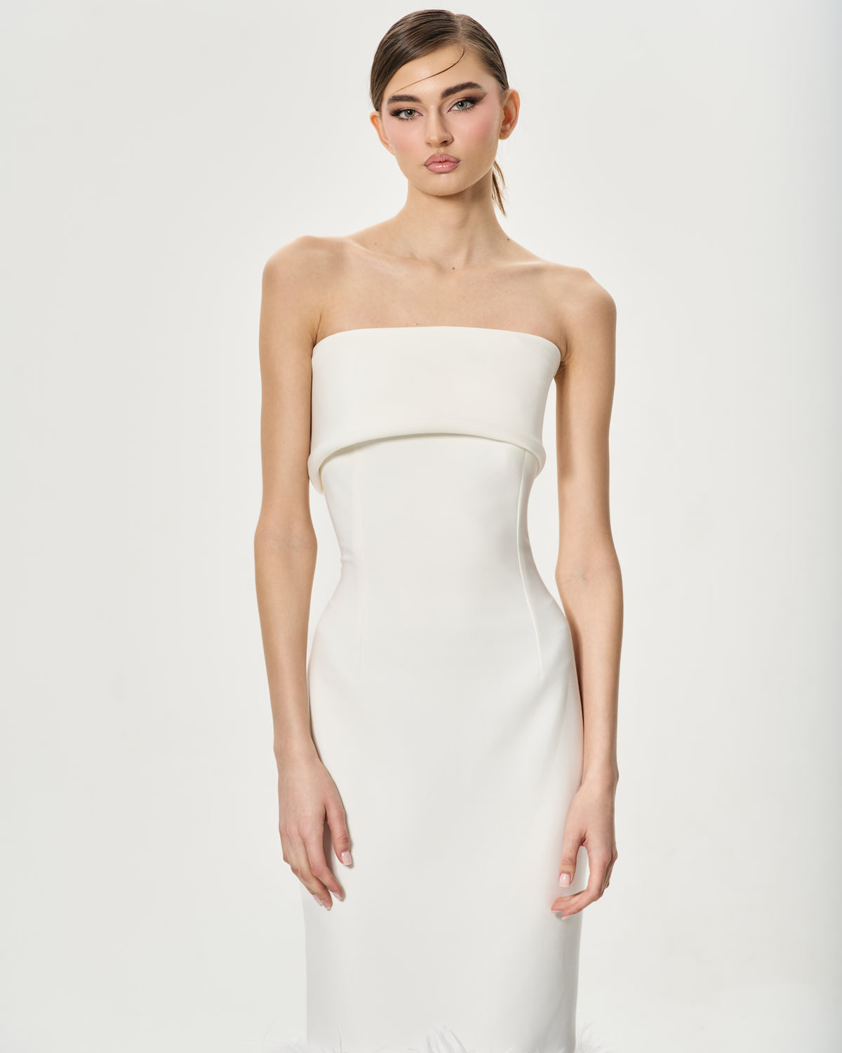 White Strapless Feather Bridal Dress