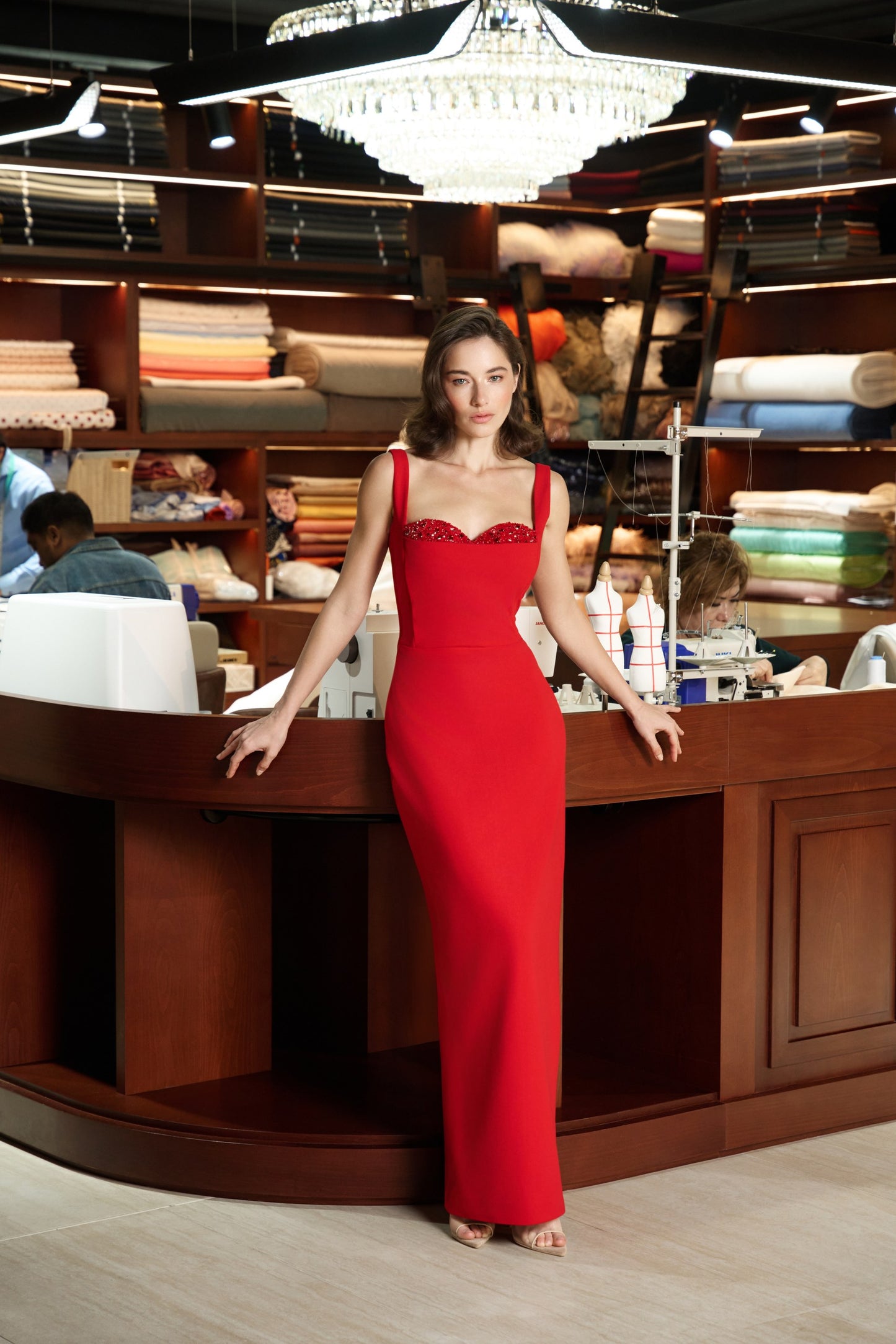 Red Evening Dress with Beaded Décolleté