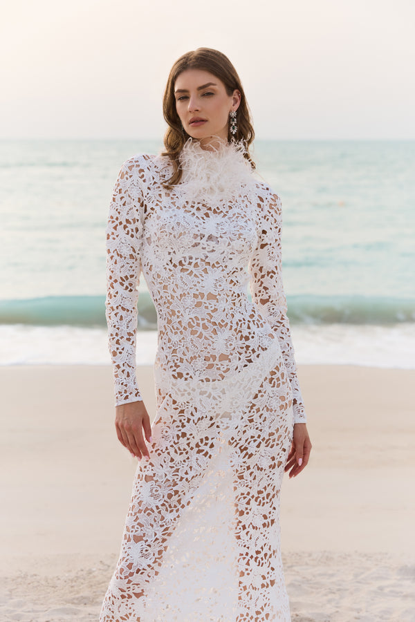 White Cutout Lace Gown with Feather Trim