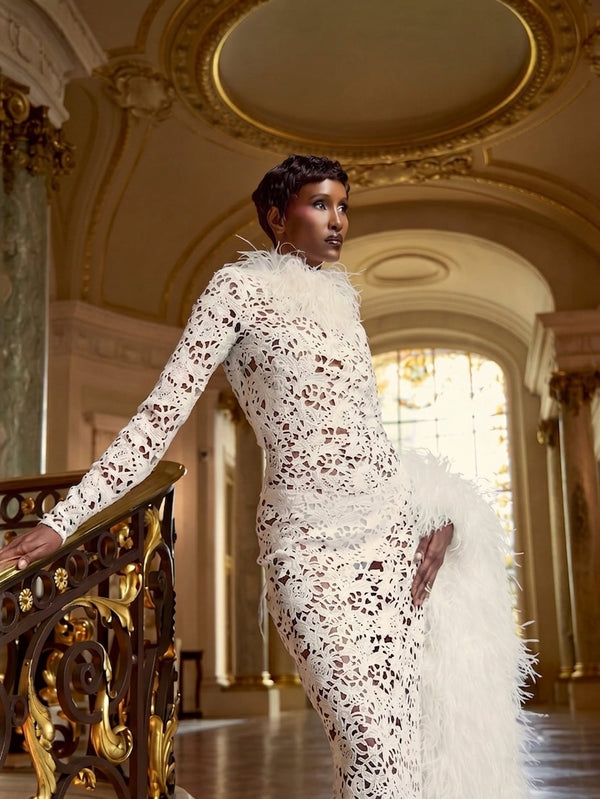 White Cutout Lace Gown with Feather Trim