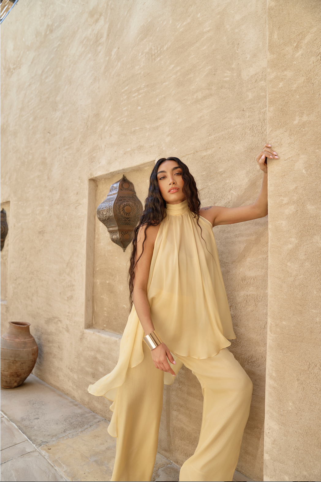 YELLOW CHIFFON TROUSER SET