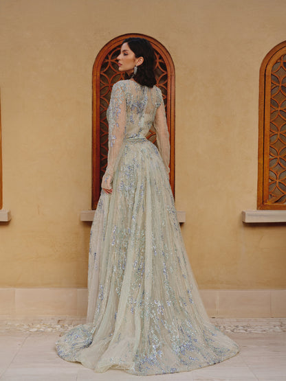 Blue Embroidered High-Slit Evening Gown