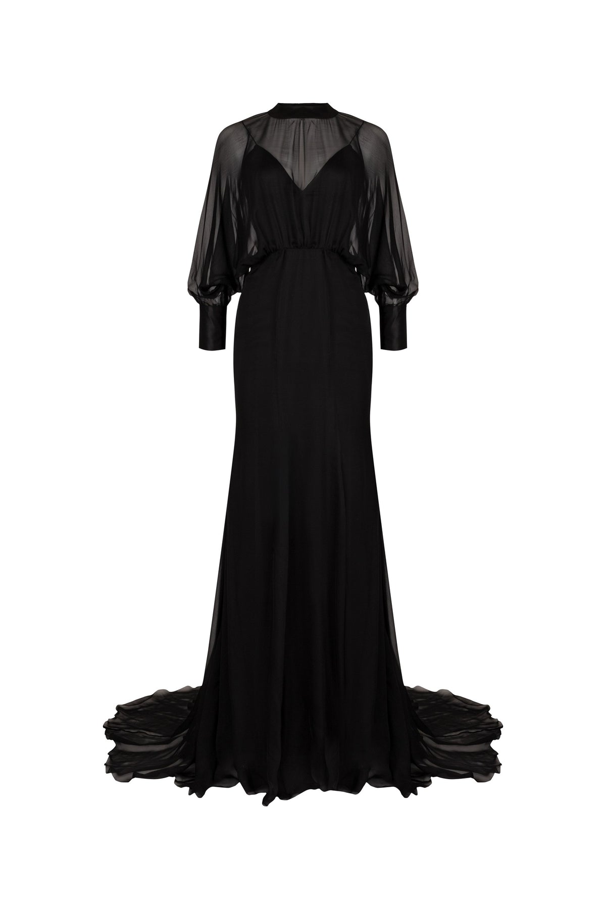 Noir Silk & Chiffon Bishop-Sleeve Gown