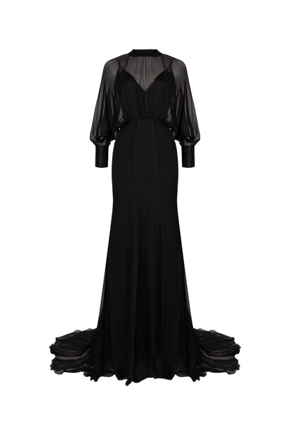 Noir Silk & Chiffon Bishop-Sleeve Gown