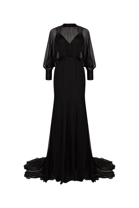 Noir Silk & Chiffon Bishop-Sleeve Gown