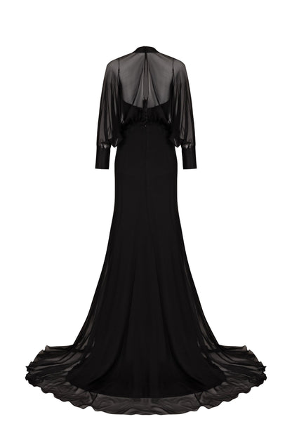 Noir Silk & Chiffon Bishop-Sleeve Gown