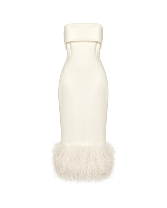 White Strapless Feather Midi Dress