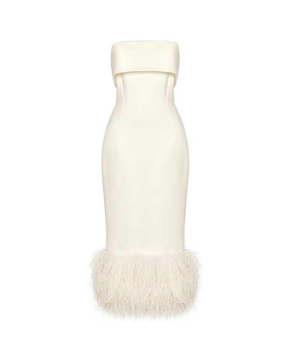 White Strapless Feather Midi Dress