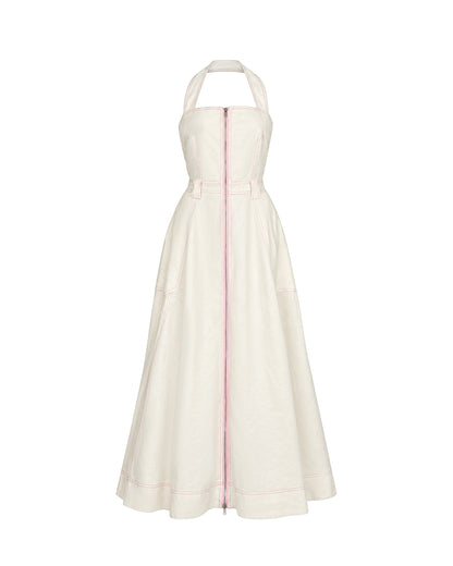 Front Zip Linen Maxi Dress