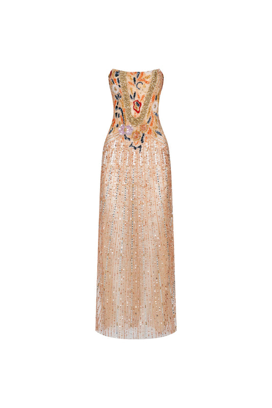 Strapless Beaded Long Gown