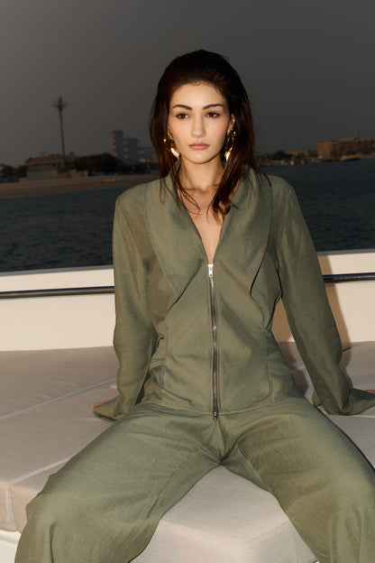 Green Linen Zip Co-Ord Set