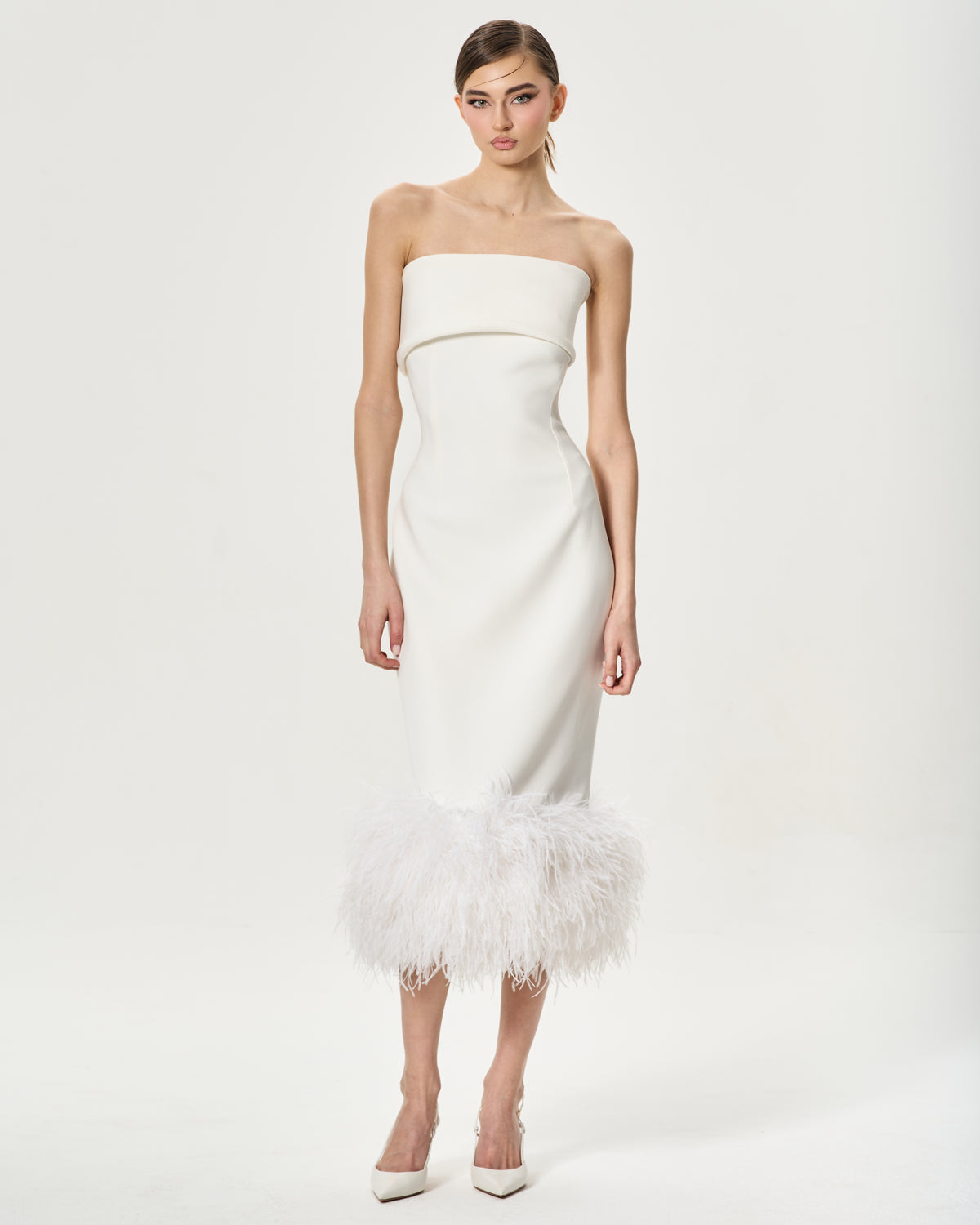 White Strapless Feather Bridal Dress