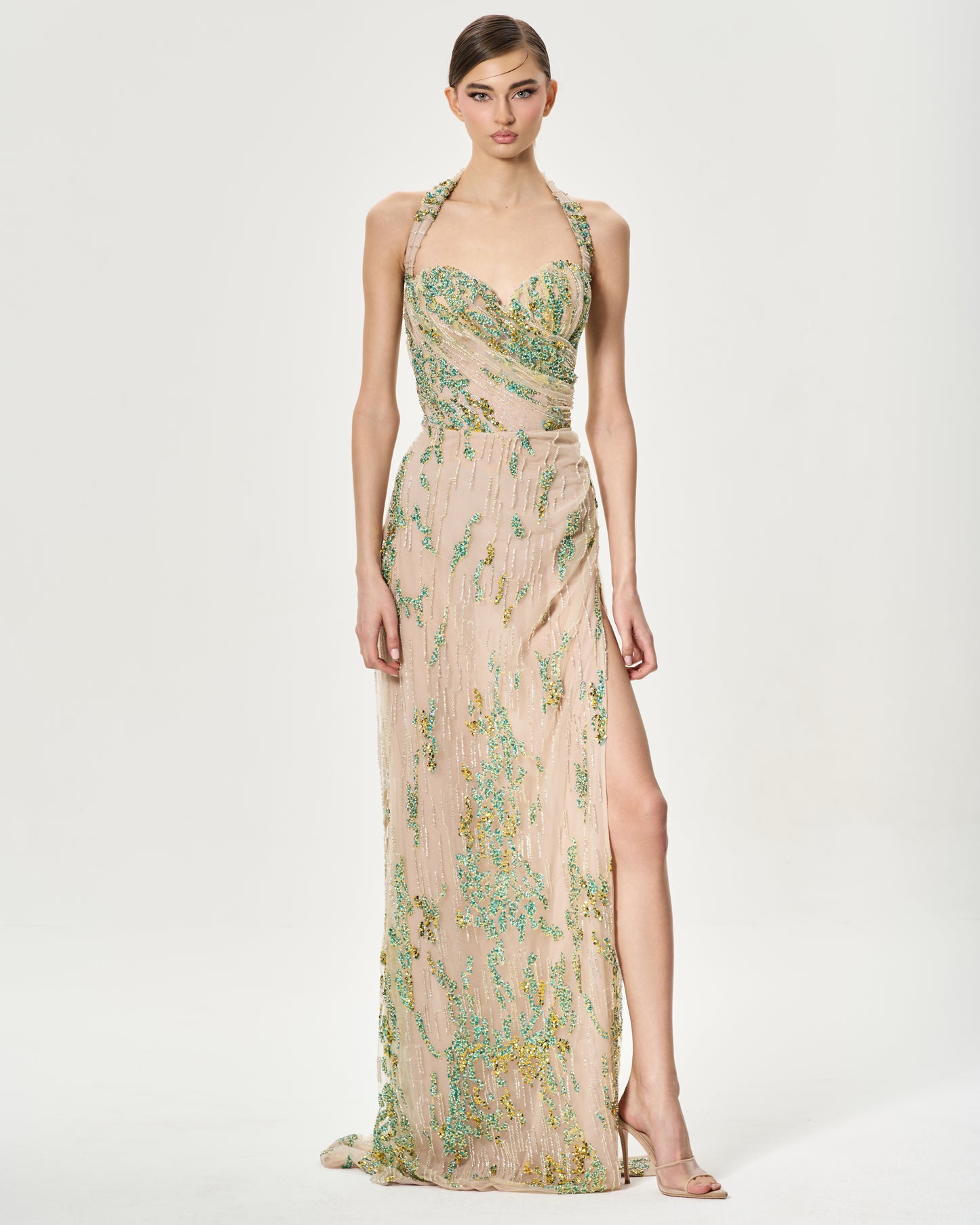 ROUND NECK BEADED BLUE DRESS