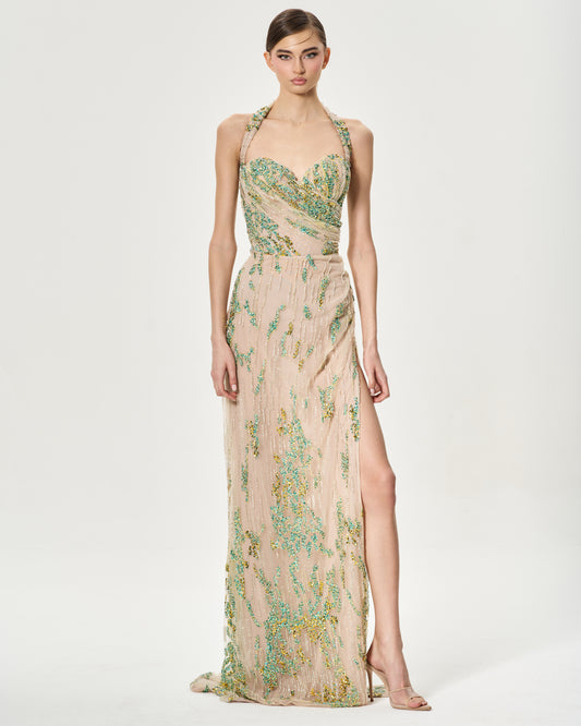 ROUND NECK BEADED BLUE DRESS