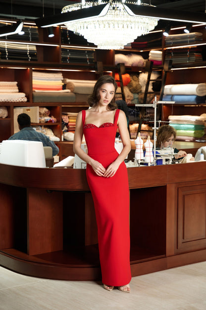 Red Evening Dress with Beaded Décolleté