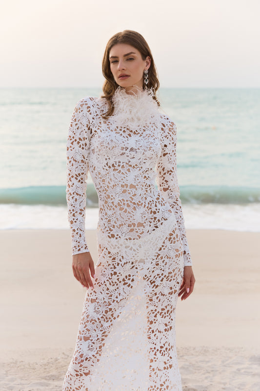 White Cutout Lace Gown with Feather Trim