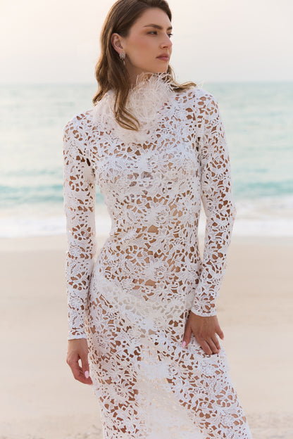 White Cutout Lace Gown with Feather Trim