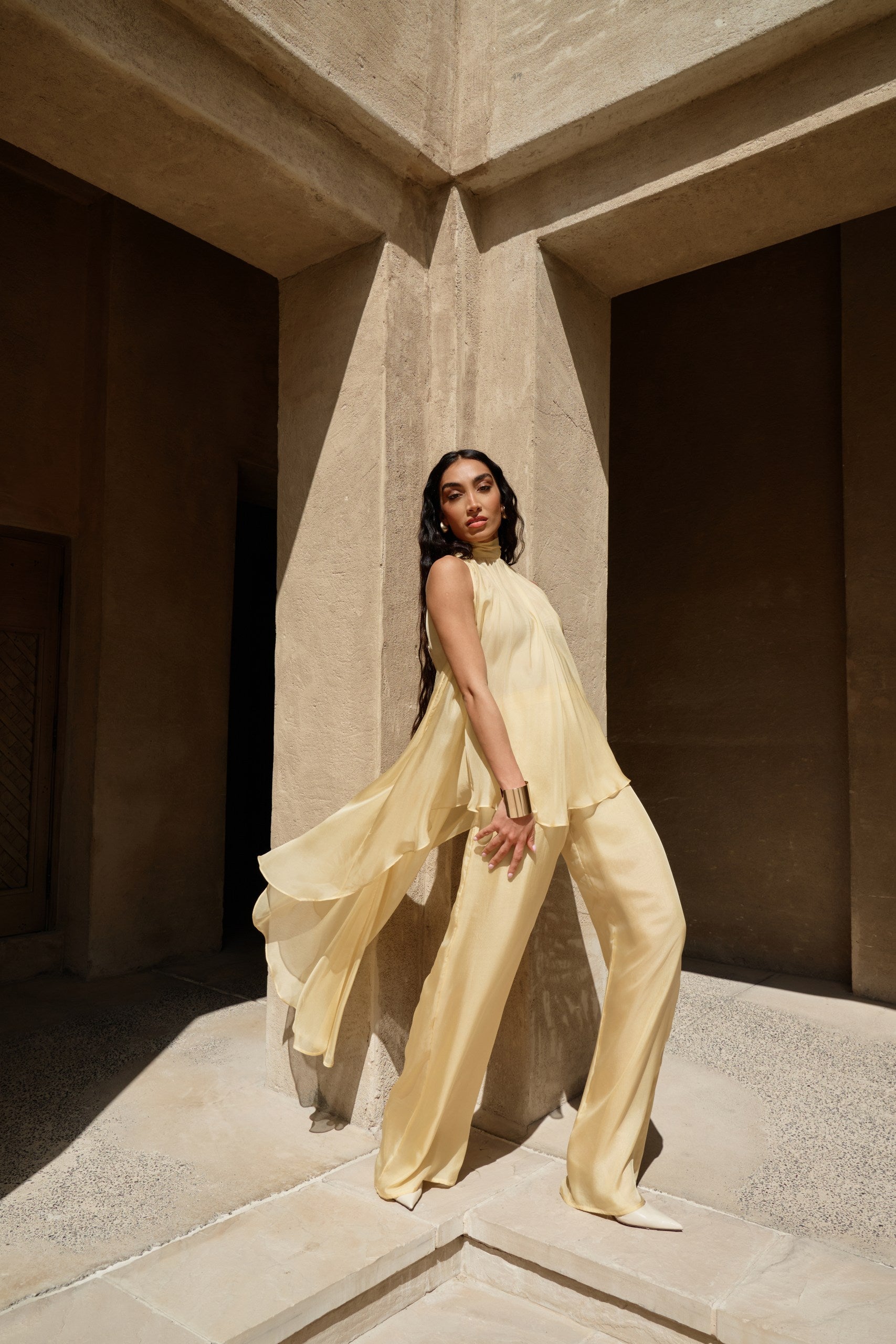 YELLOW CHIFFON TROUSER SET