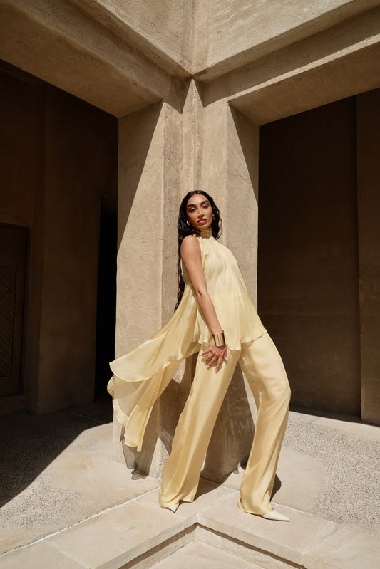YELLOW CHIFFON TROUSER SET