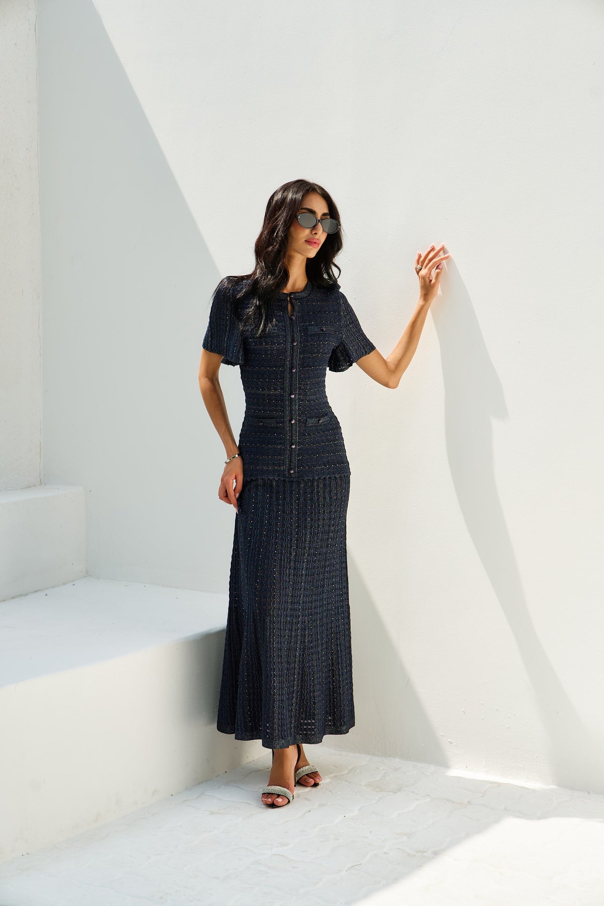 Shimmer Knit Button Dress