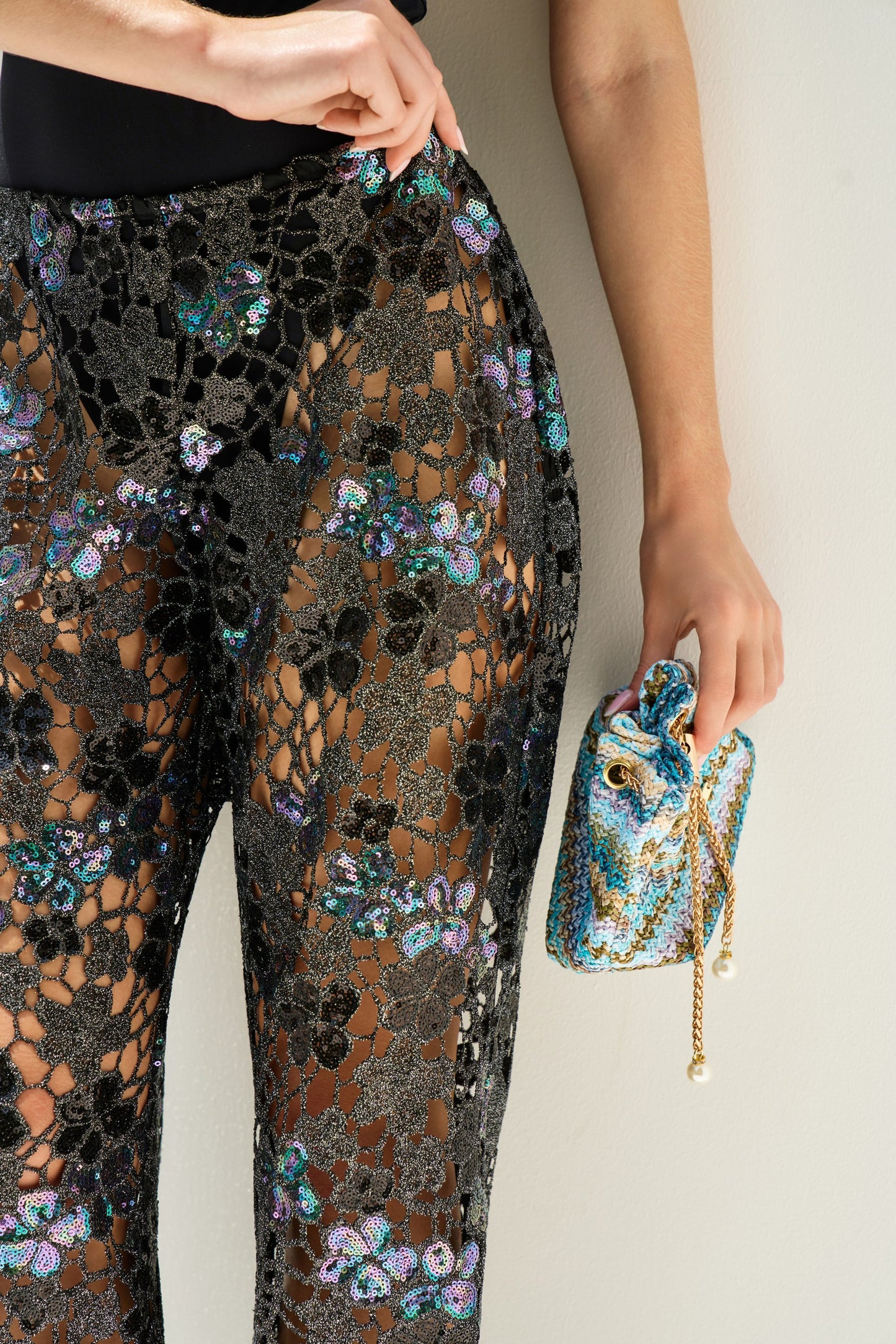 Black Embroidered Lace Beach Trousers