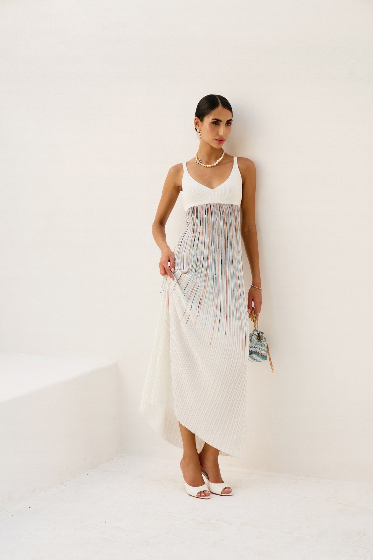 White Colored Striped Summer Dress