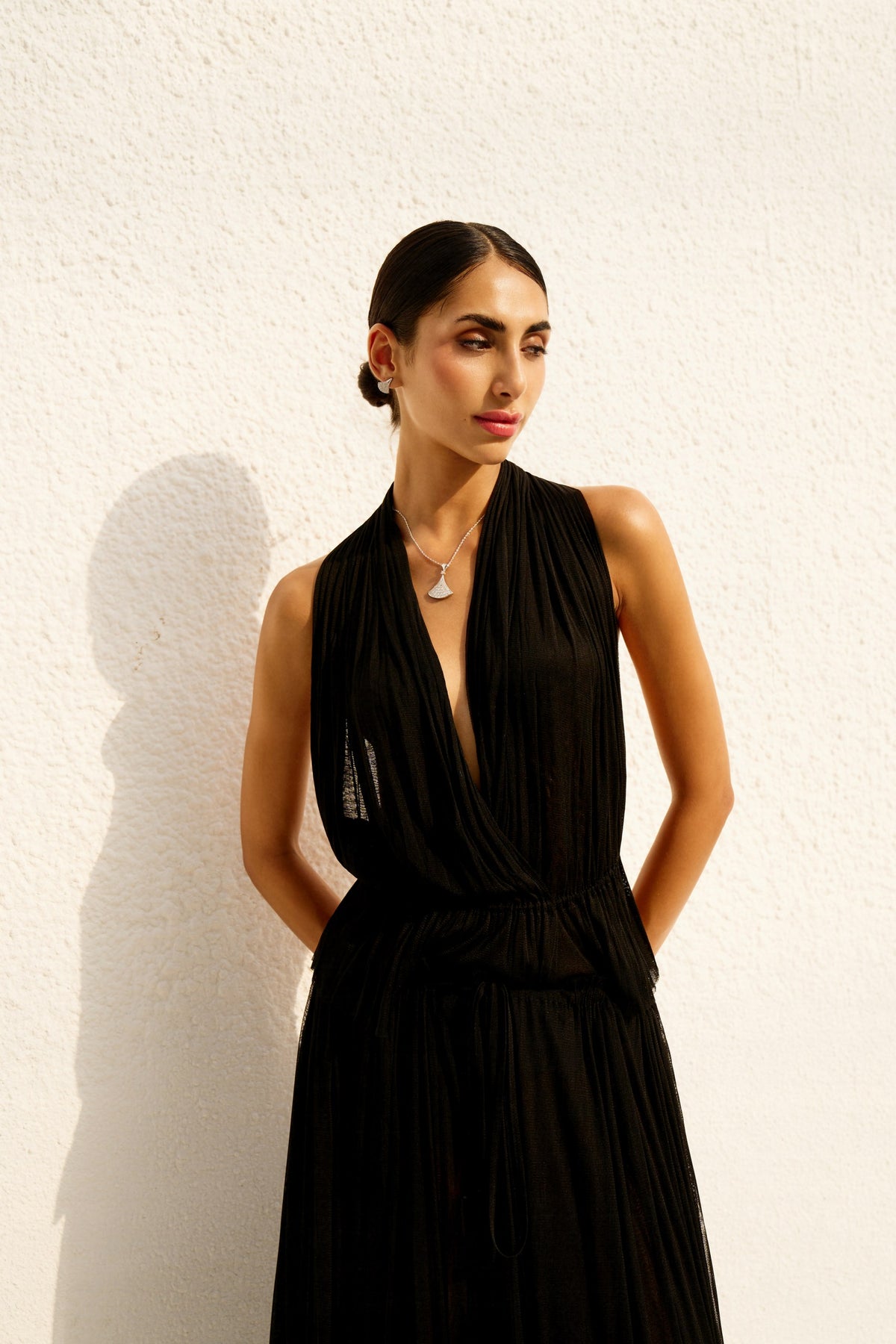 Pleated Halter Plunge Maxi set
