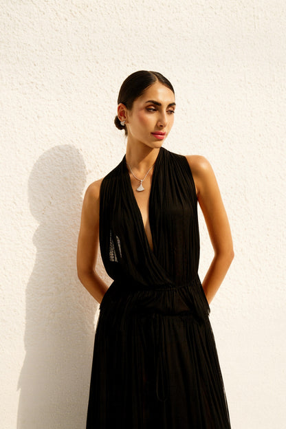 Pleated Halter Plunge Maxi set