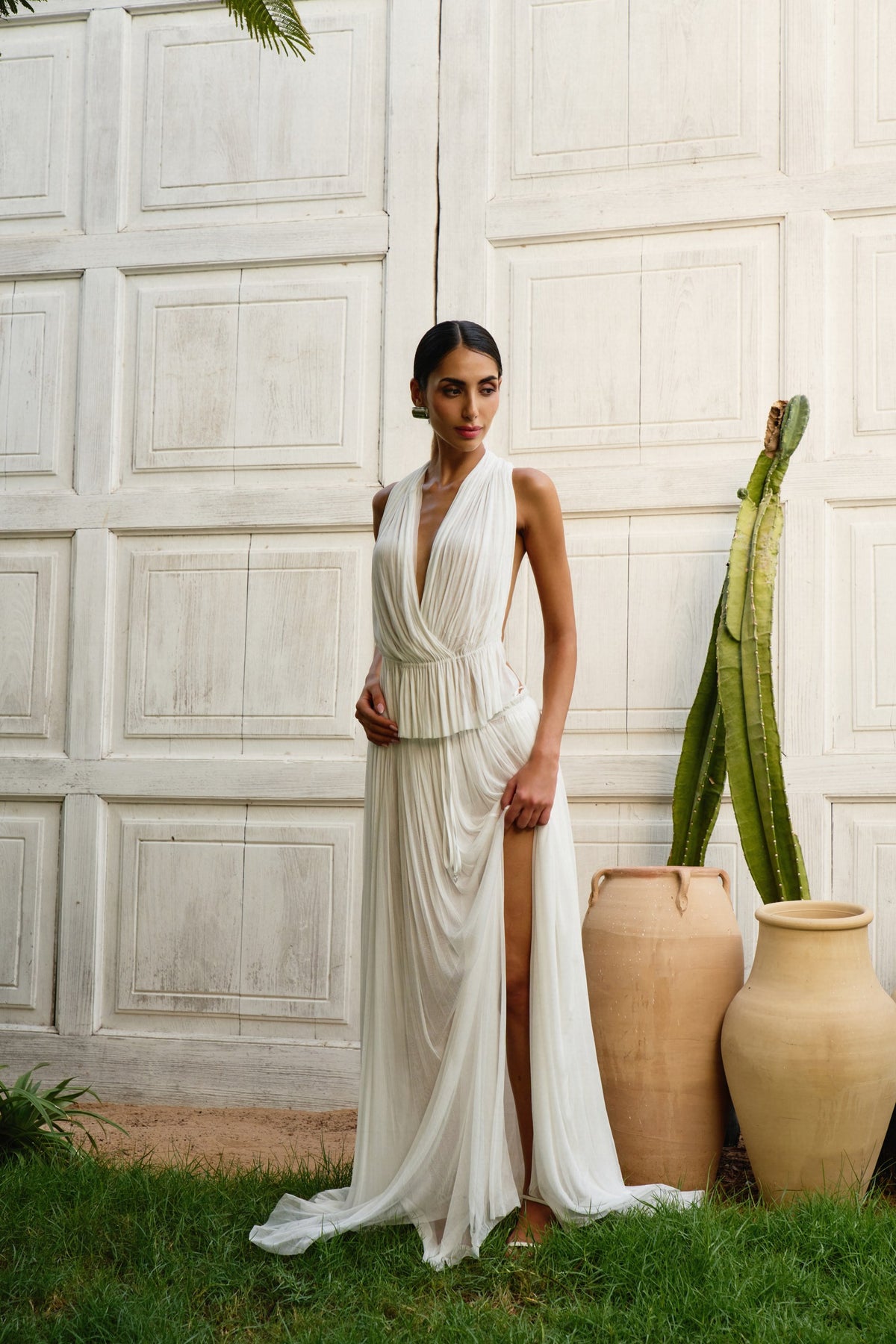 Pleated Halter Plunge Maxi set