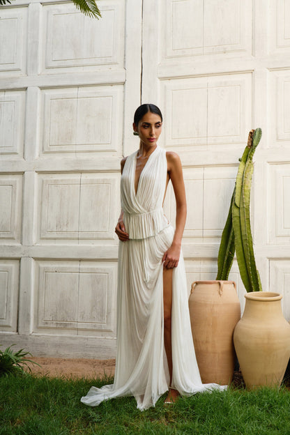 Pleated Halter Plunge Maxi set