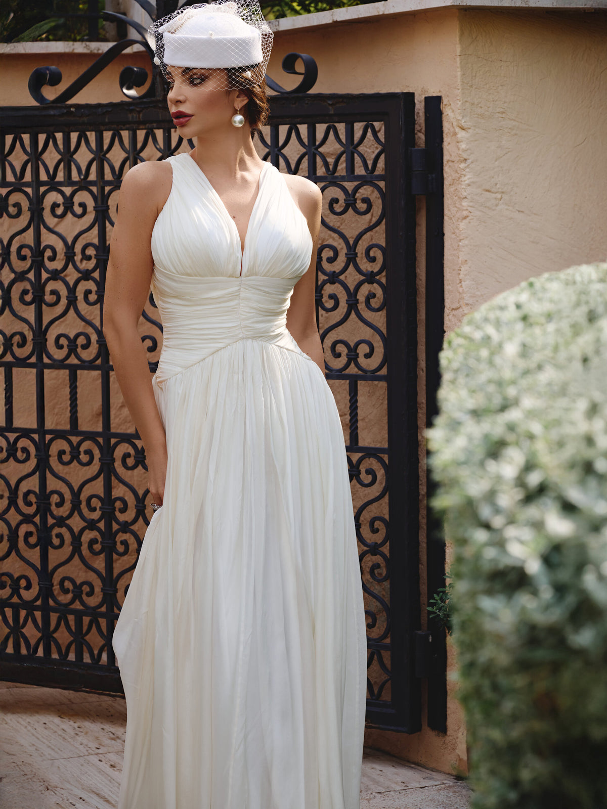 pleated silk chiffon bridal gown