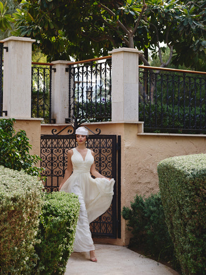 pleated silk chiffon bridal gown