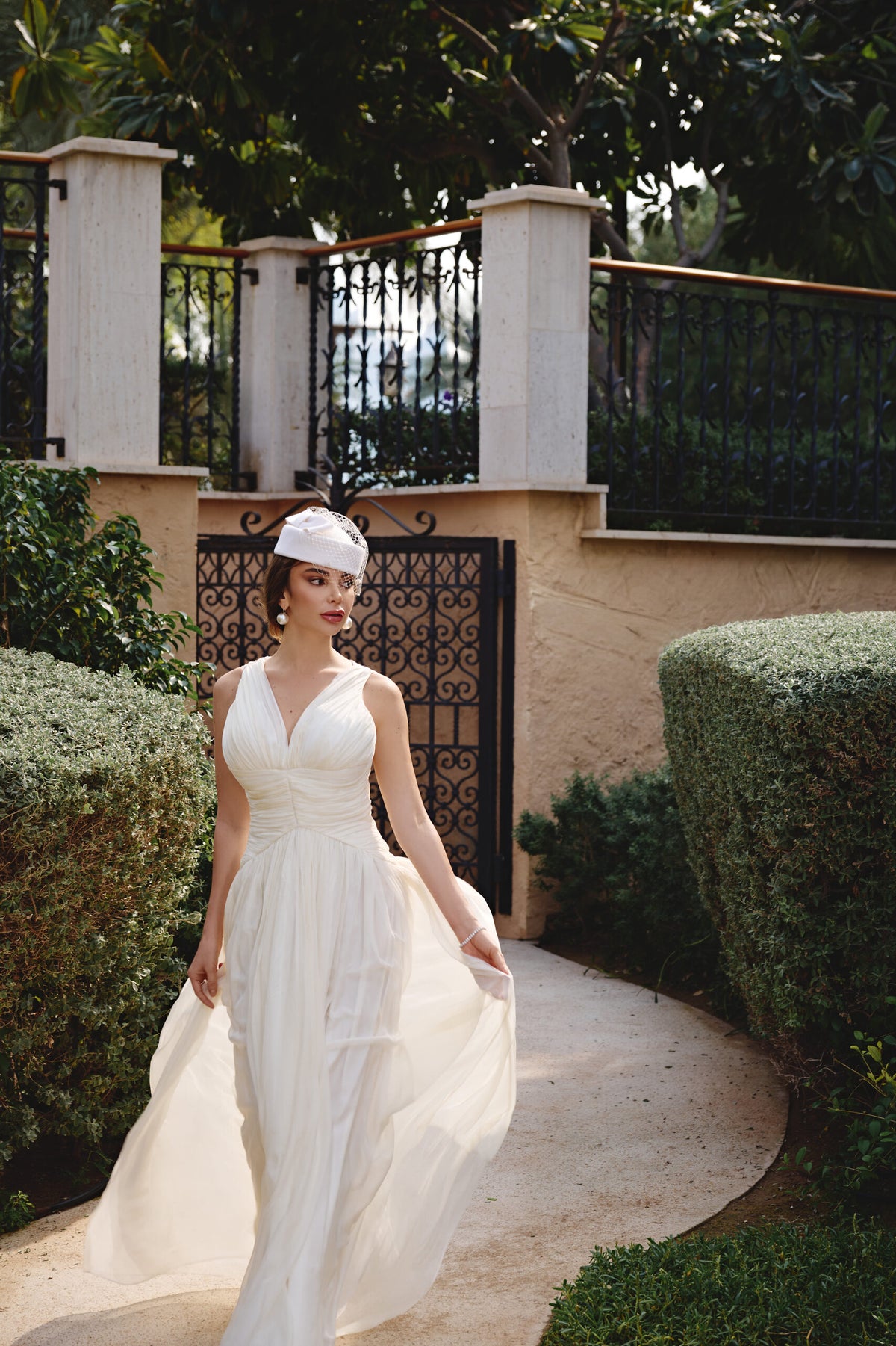 pleated silk chiffon bridal gown