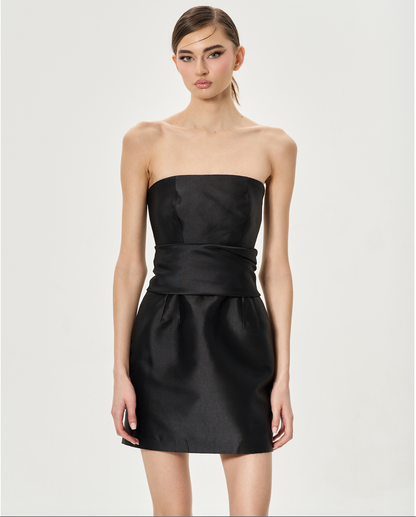 Black Mikado Strapless Draped Mini Dress