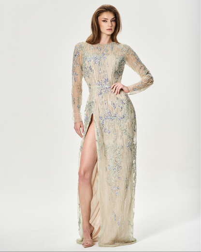 Blue Embroidered High-Slit Evening Gown