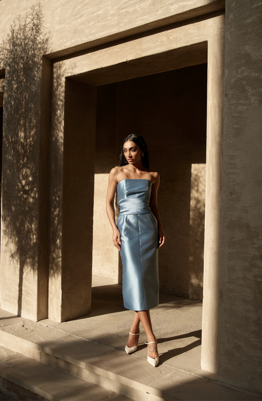 BLUE MIDI MIKADO DRESS