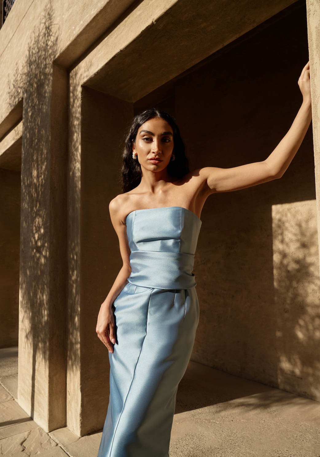 BLUE MIDI MIKADO DRESS