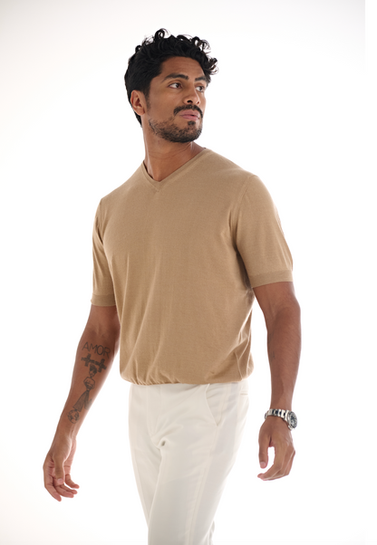 Camel Cashmere V-Neck.