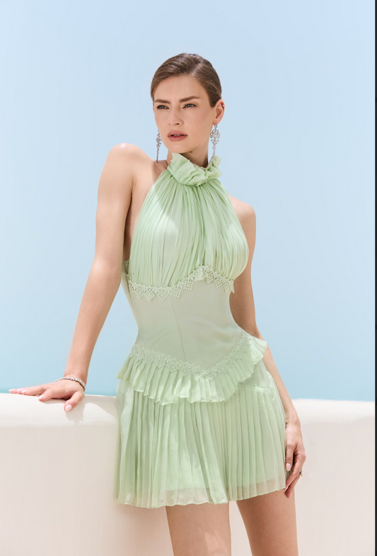 SHORT GREEN DENTELLE & CHIFFON DRESS