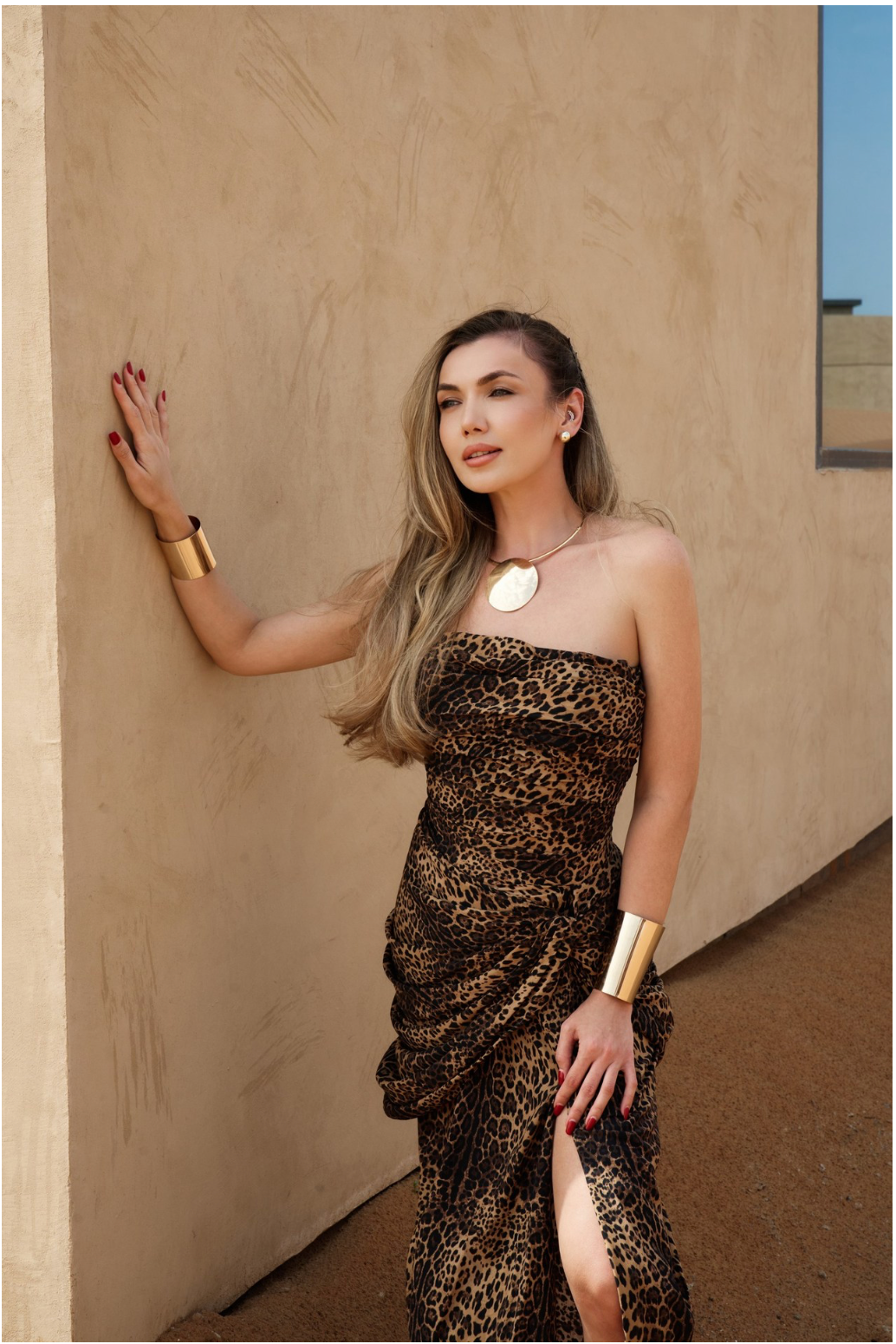 Leopard Print Strapless Draped Maxi Dress