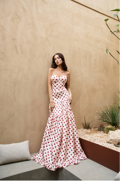 Cream Red Polka Dot Rose Dress