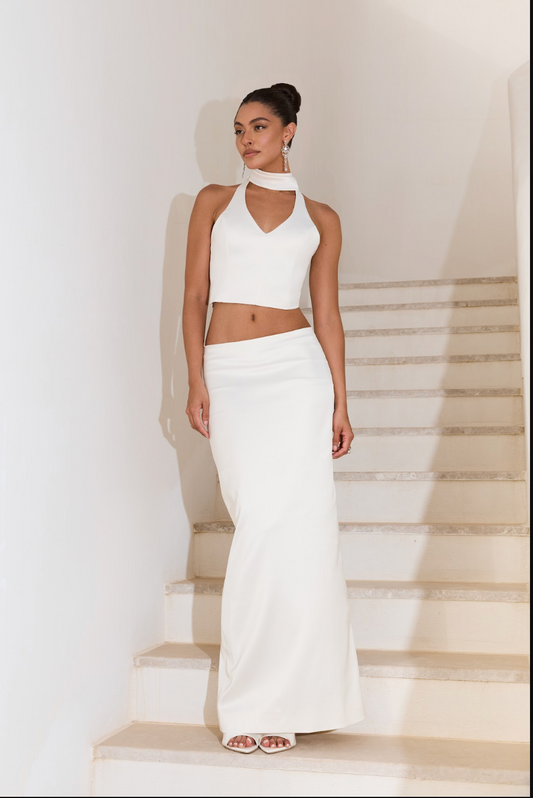 White Halter Neck & Maxi Skrit Set