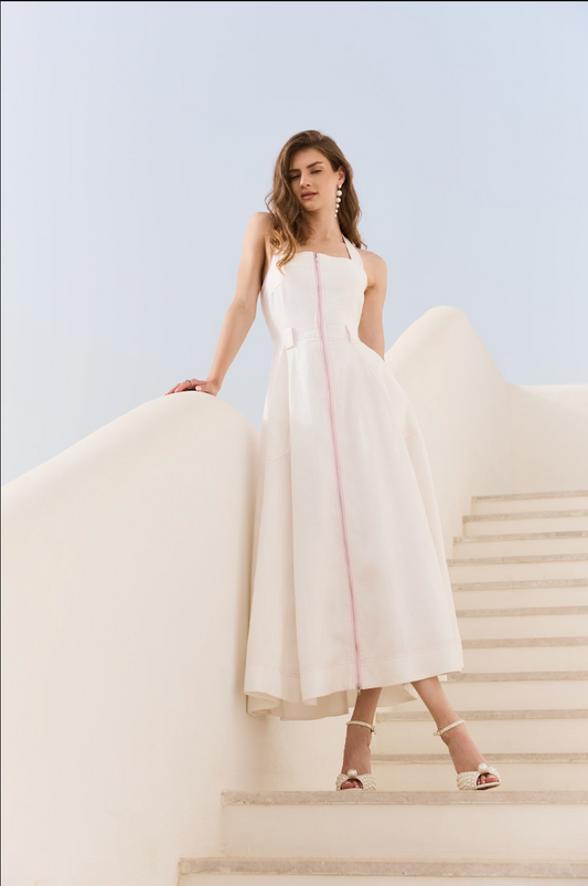 Front Zip Linen Maxi Dress