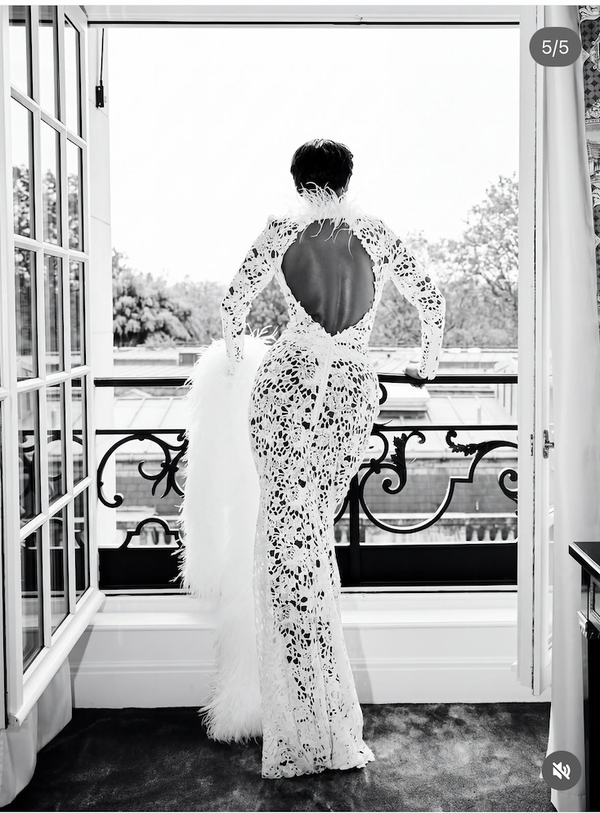 White Cutout Lace Gown with Feather Trim