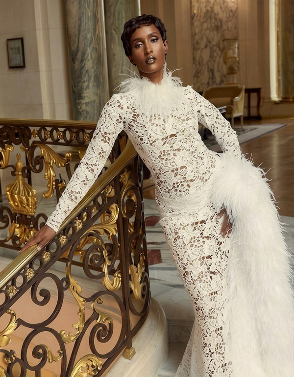 White Cutout Lace Gown with Feather Trim