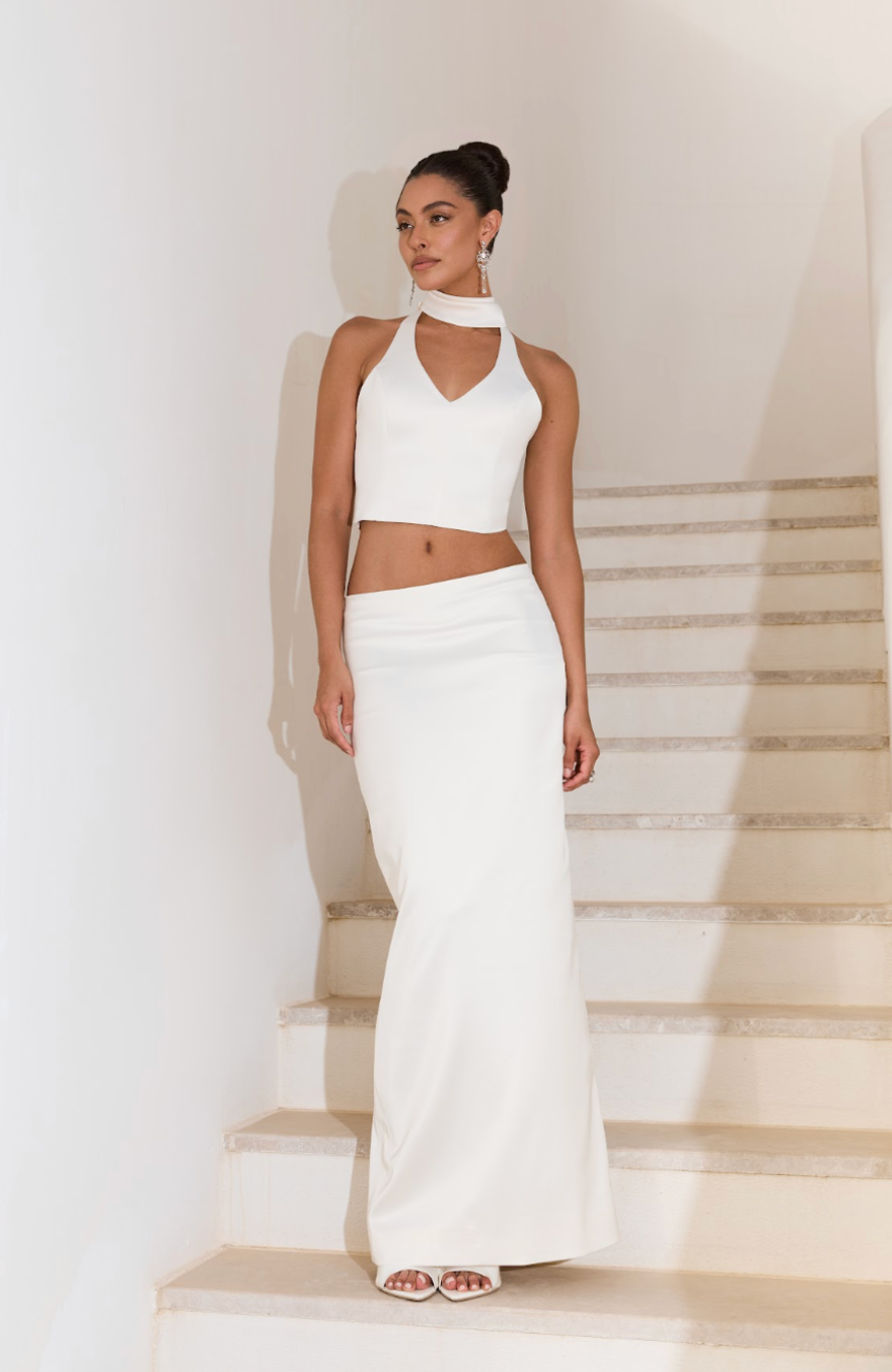 White Halter Neck & Skirt Set